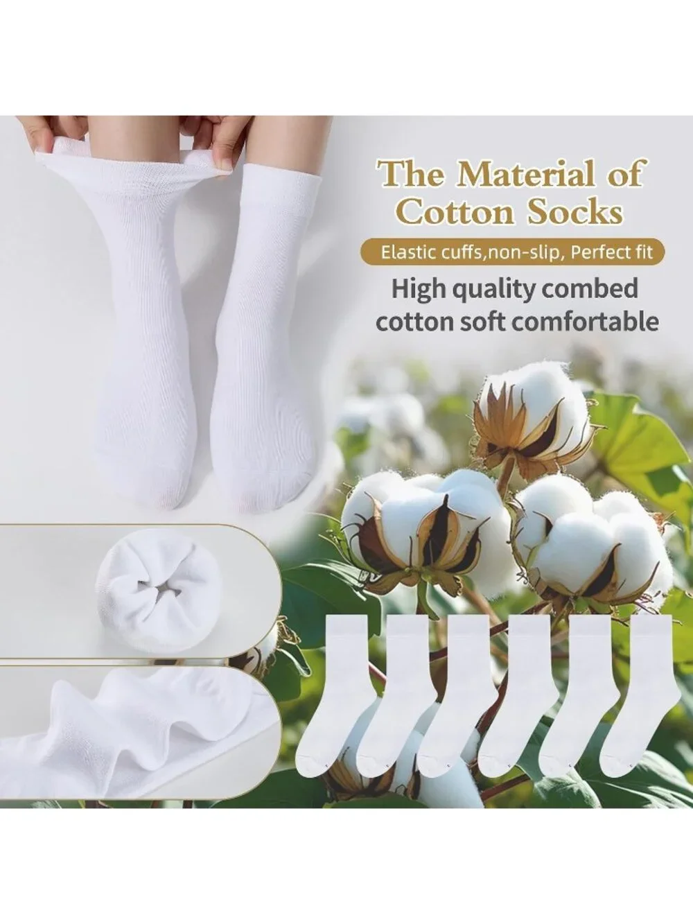 🧦Women's All White 6 Pairs Thin Above Ankle Socks Cotton Crew Socks